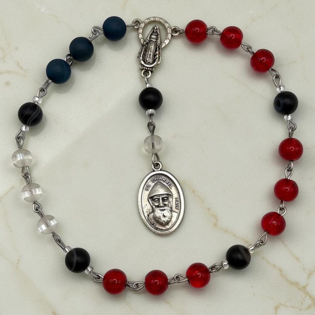 Red Glass St. Charbel Chaplet detail view