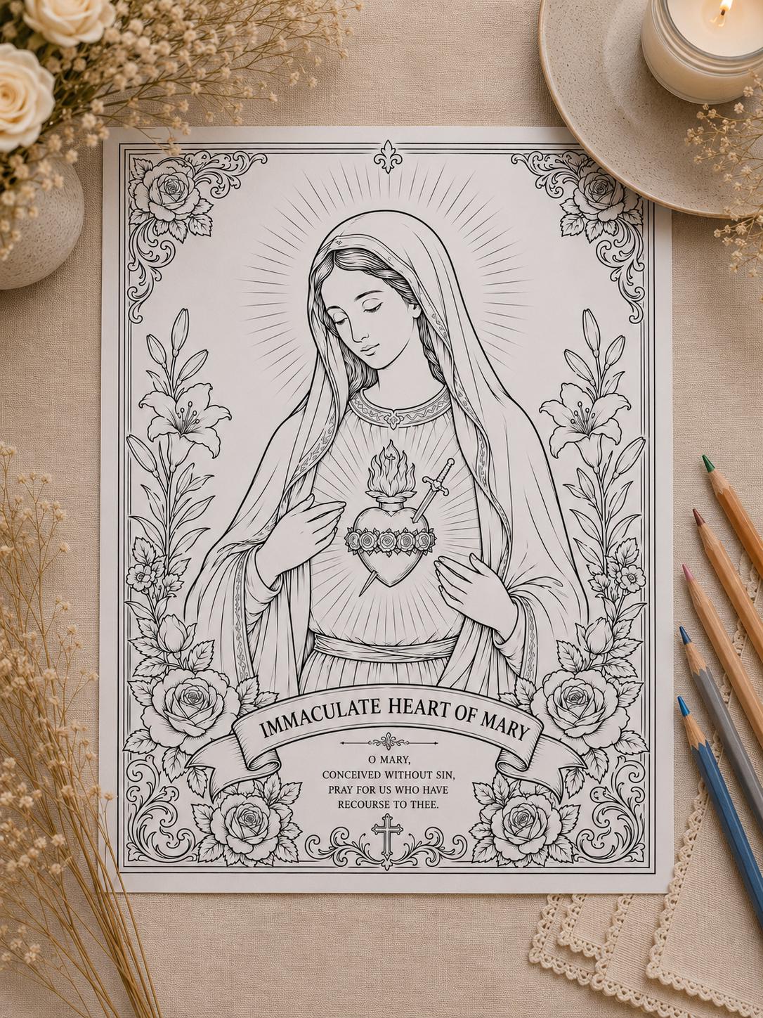 Immaculate Heart of Mary coloring page printable detail