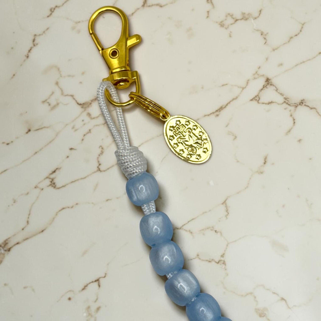 Blue Cat Eye Decade Rosary bag charm detail