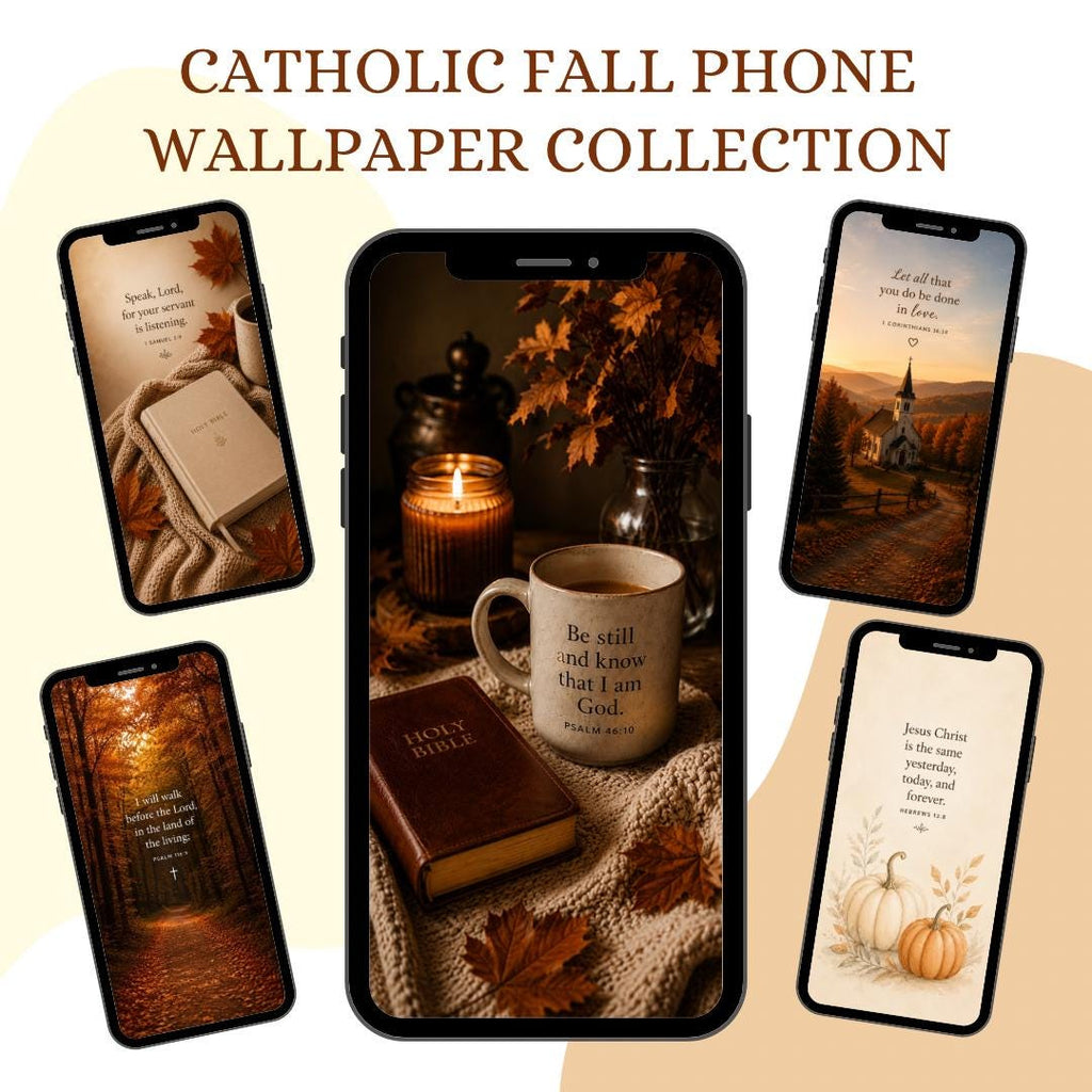 Catholic Fall phone wallpaper bundle with autumn Bible verse backgrounds