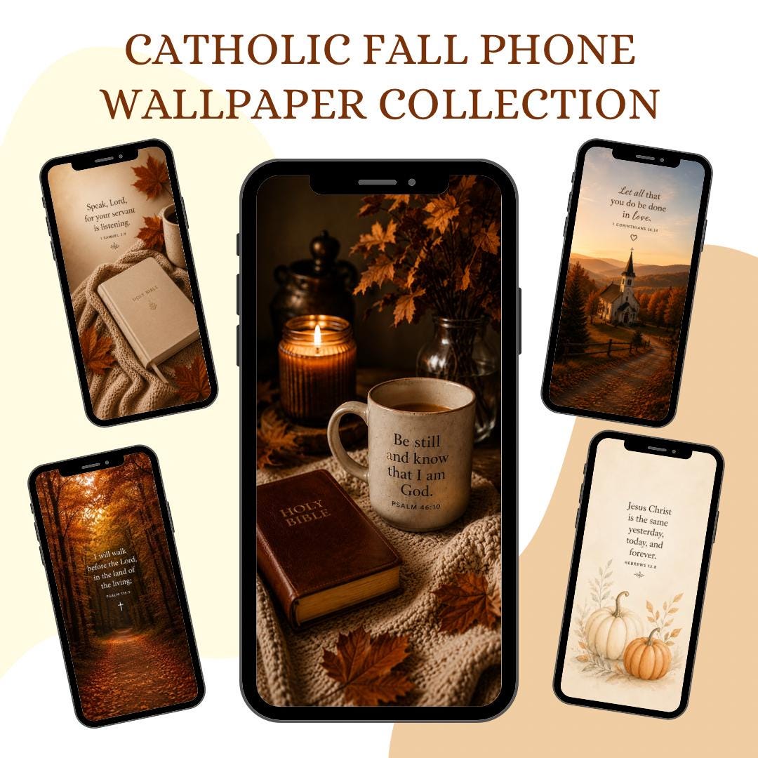 Catholic Fall phone wallpaper bundle with autumn Bible verse backgrounds