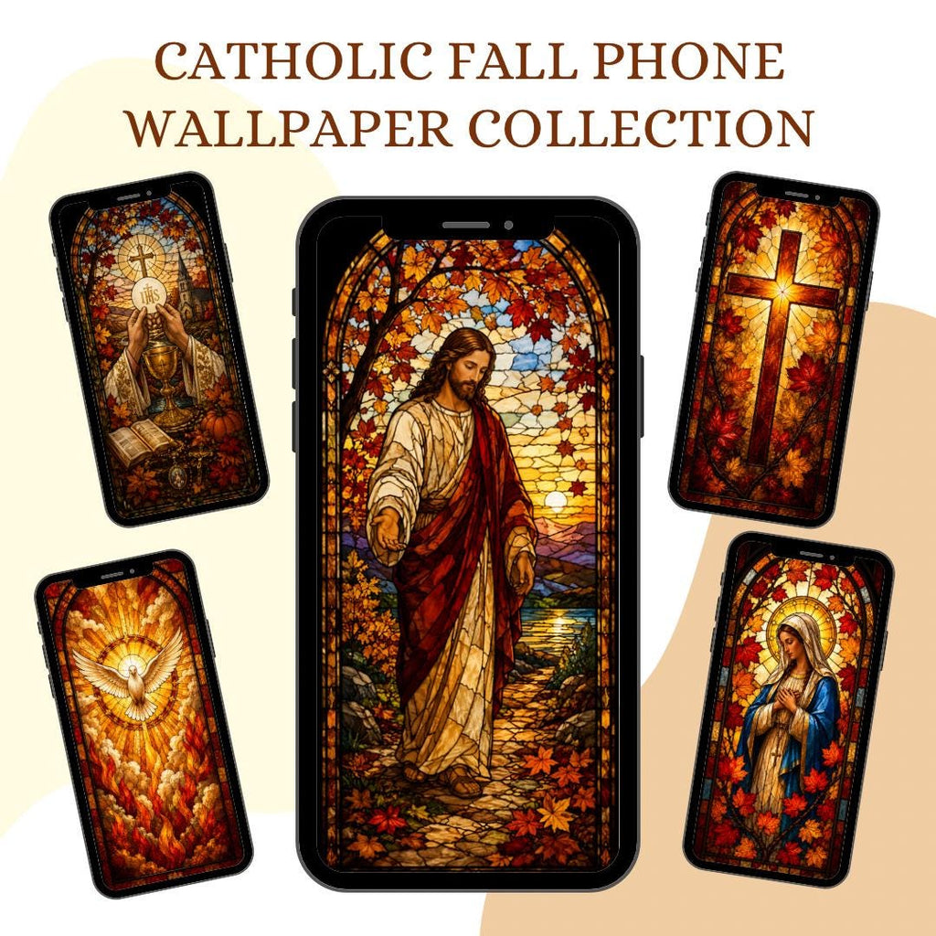 Catholic Fall stained glass Jesus Mary and Holy Spirit wallpaper bundle preview