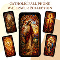 Catholic Fall stained glass Jesus Mary and Holy Spirit wallpaper bundle preview