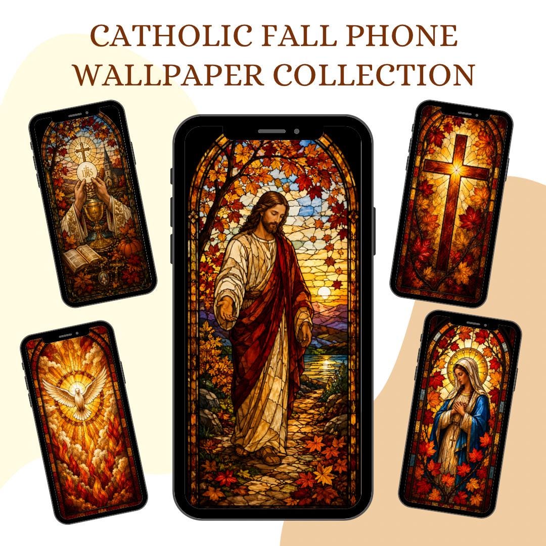 Catholic Fall stained glass Jesus Mary and Holy Spirit wallpaper bundle preview