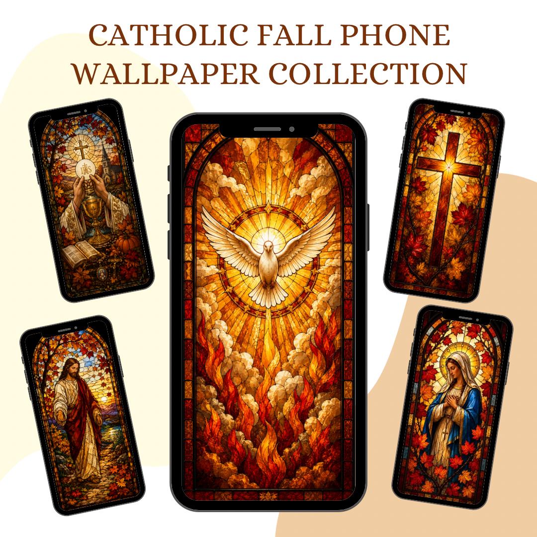 Catholic Fall stained glass Mary wallpaper digital preview