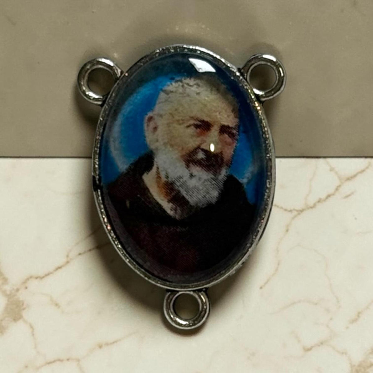 Padre Pio glass cabochon rosary centerpiece