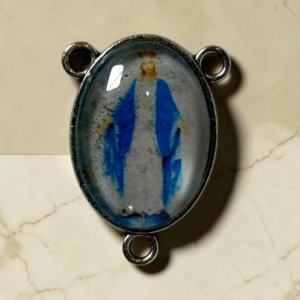 Blue Virgin Mary glass cabochon rosary centerpiece