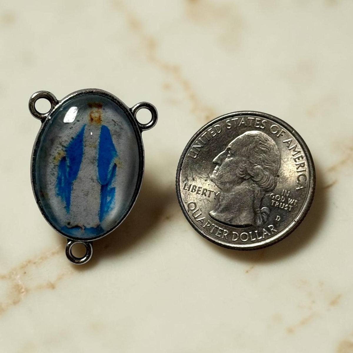 Blue Virgin Mary rosary centerpiece alternate view