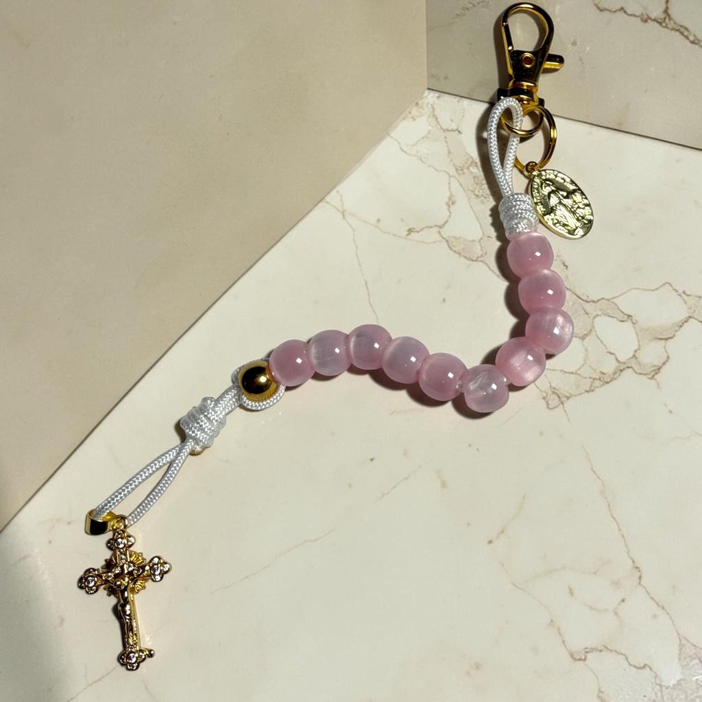 Pink Cat Eye Miraculous Medal decade rosary with gold crystal crucifix