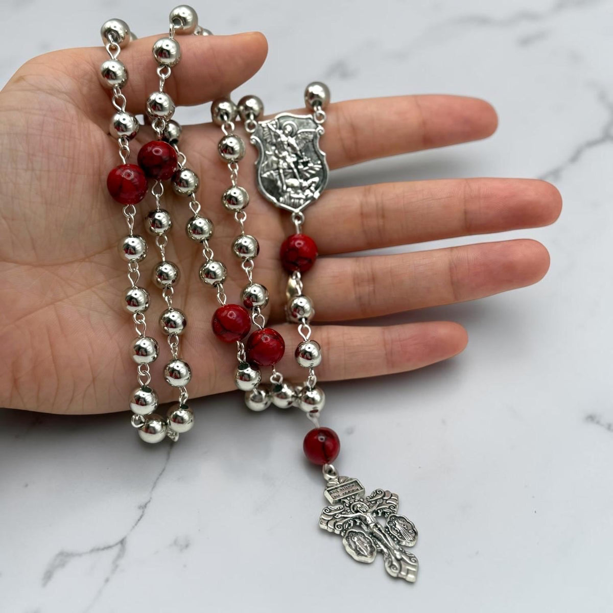 Saint Michael Rosary with silver and red beads and Pardon Crucifix