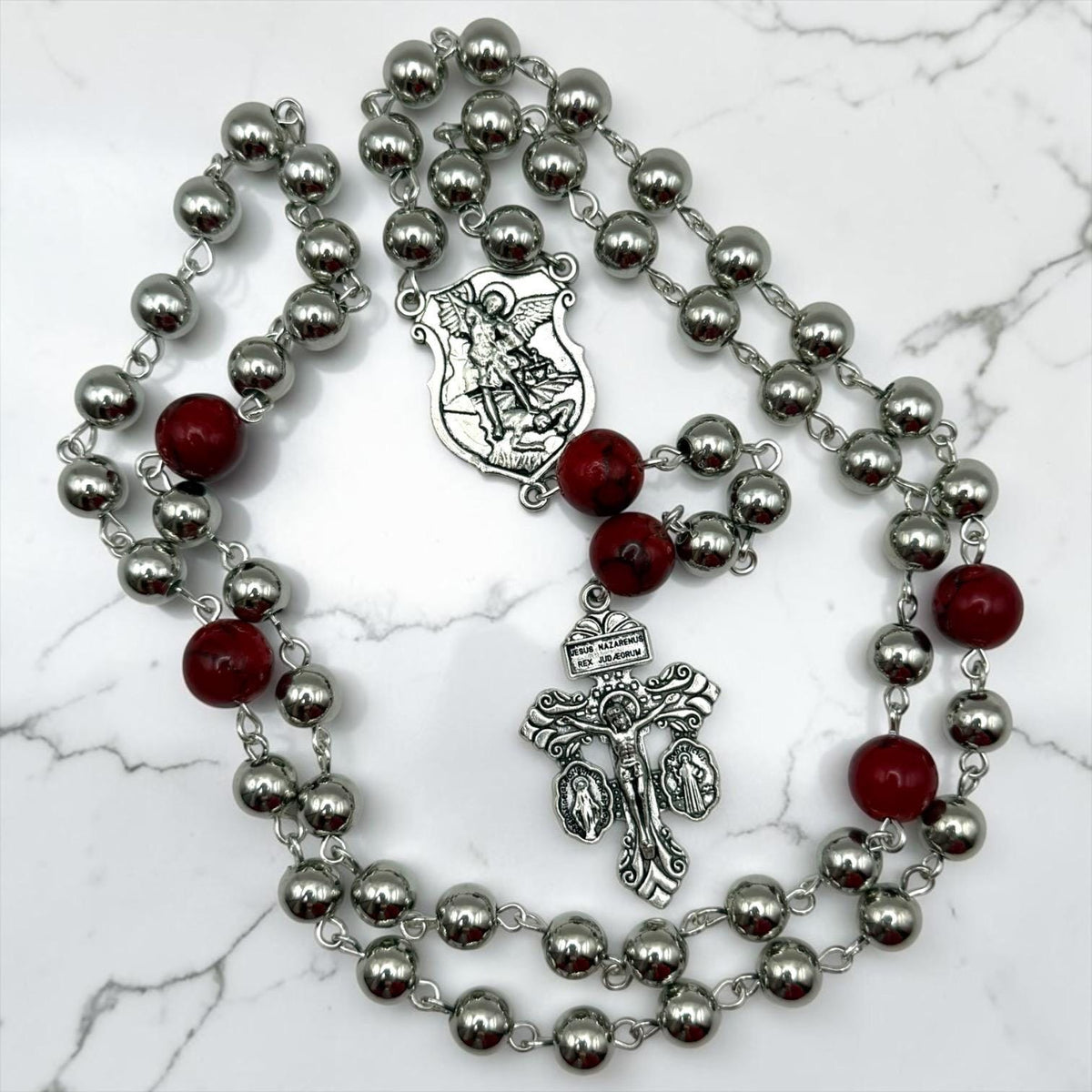 Saint Michael silver and red rosary alternate view