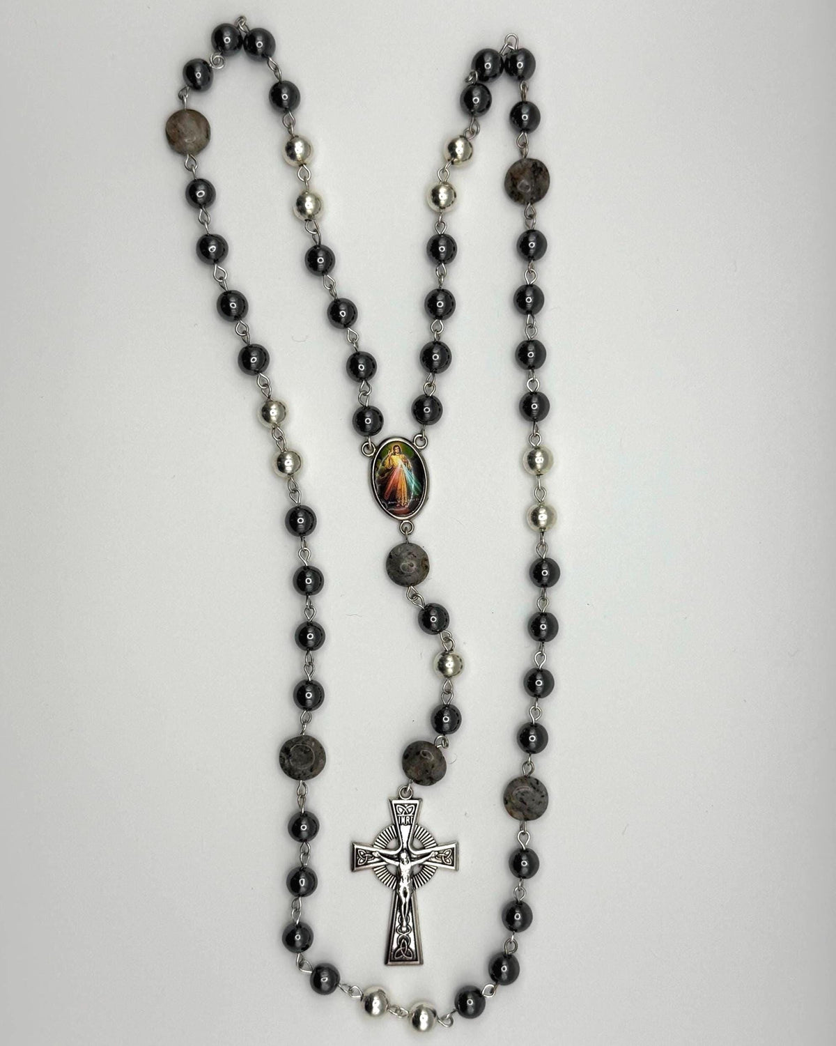 Black Hematite Divine Mercy Rosary detail view