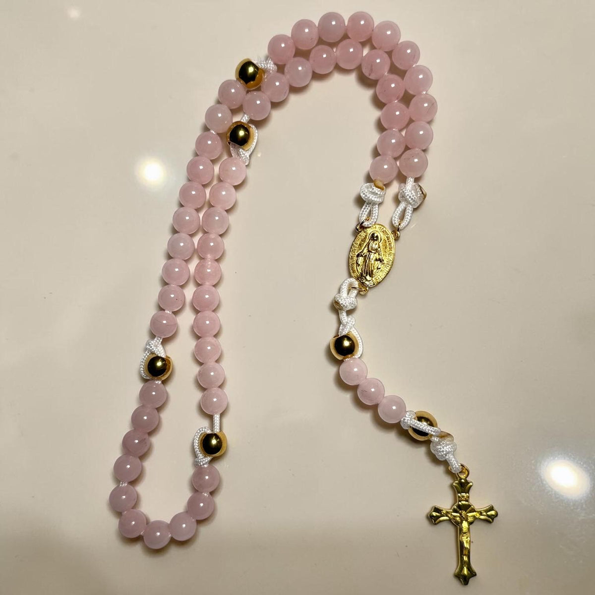 Rose Quartz decade rosary keychain detail