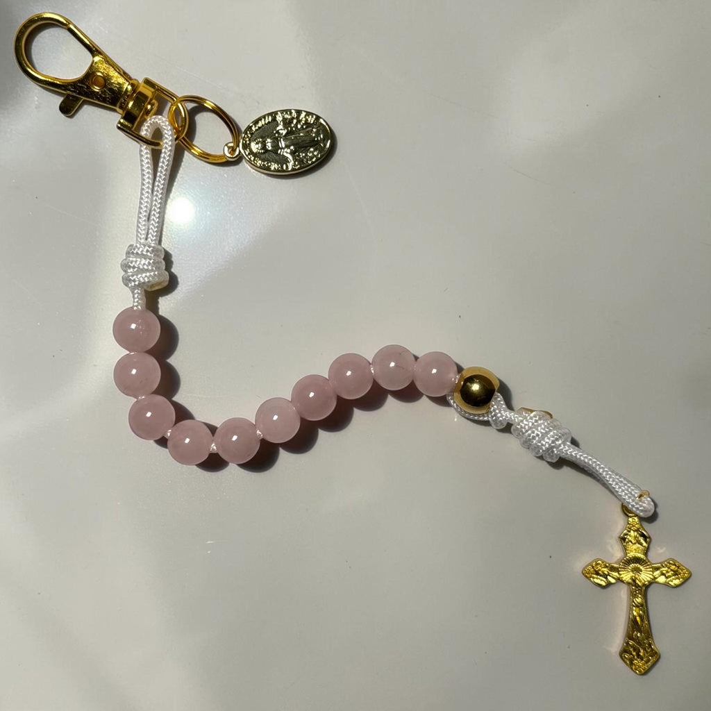 Rose Quartz Rosary Gift Set gold-tone detail