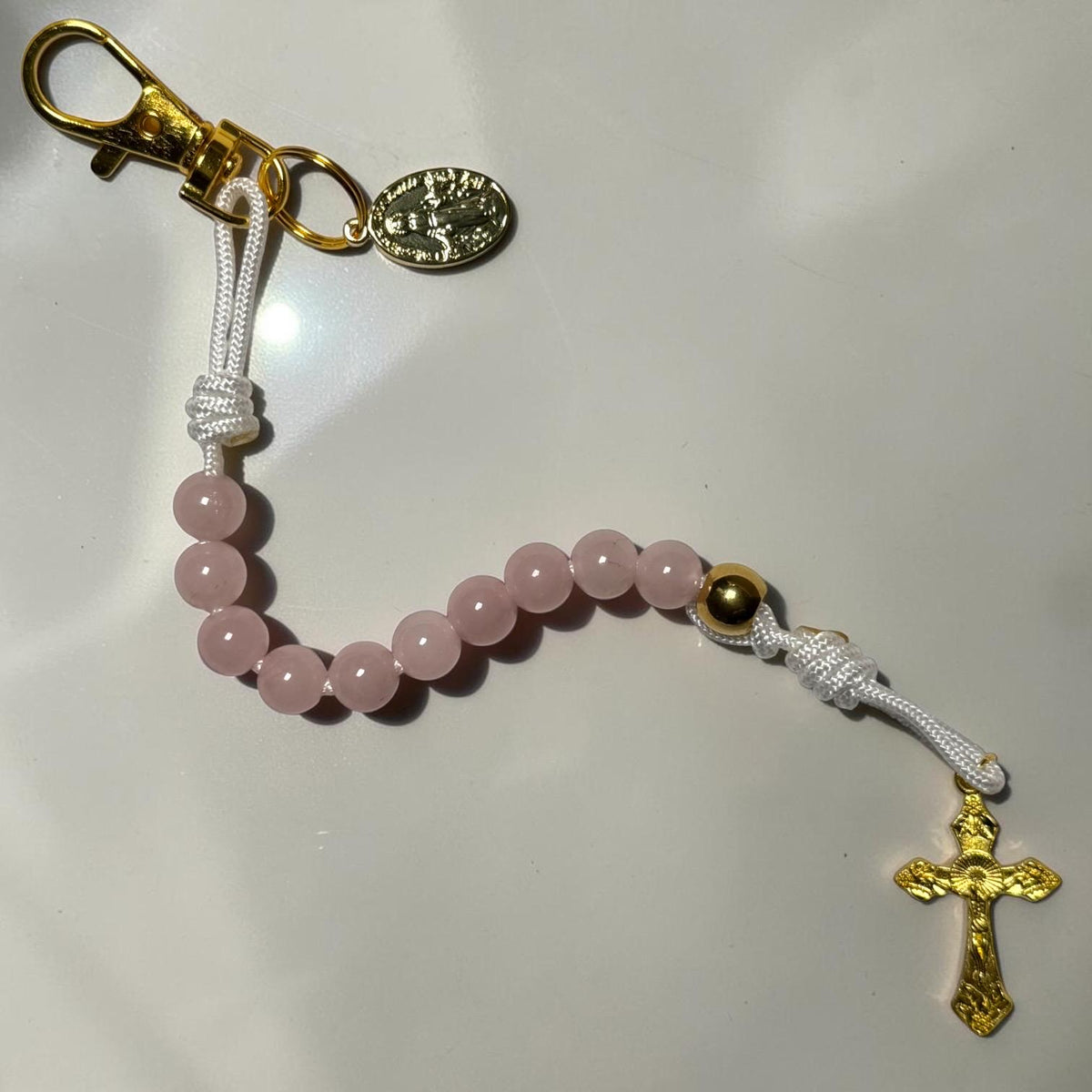Rose Quartz Rosary Gift Set gold-tone detail