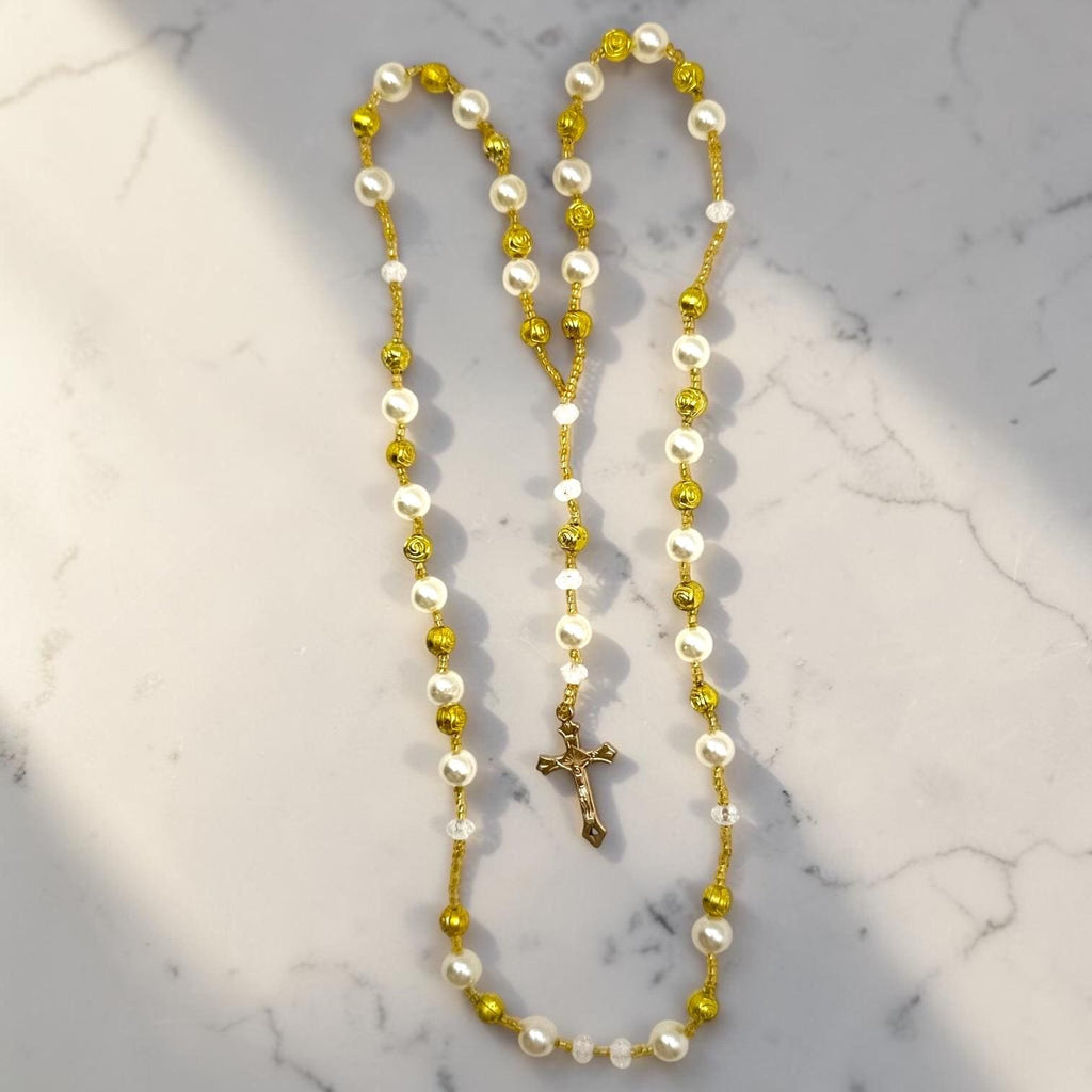 Gold and White Pearl Catholic Rosary alternate view