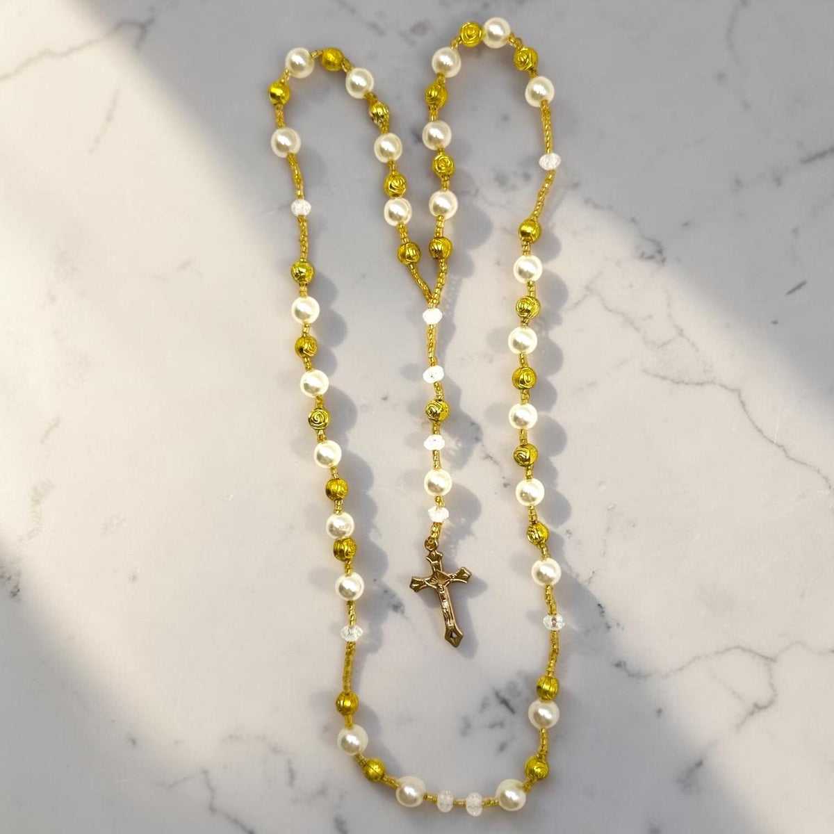 Gold and White Pearl Catholic Rosary alternate view