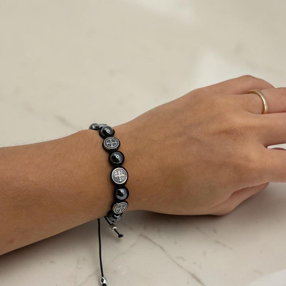 Black Hematite St. Benedict Bracelet detail view