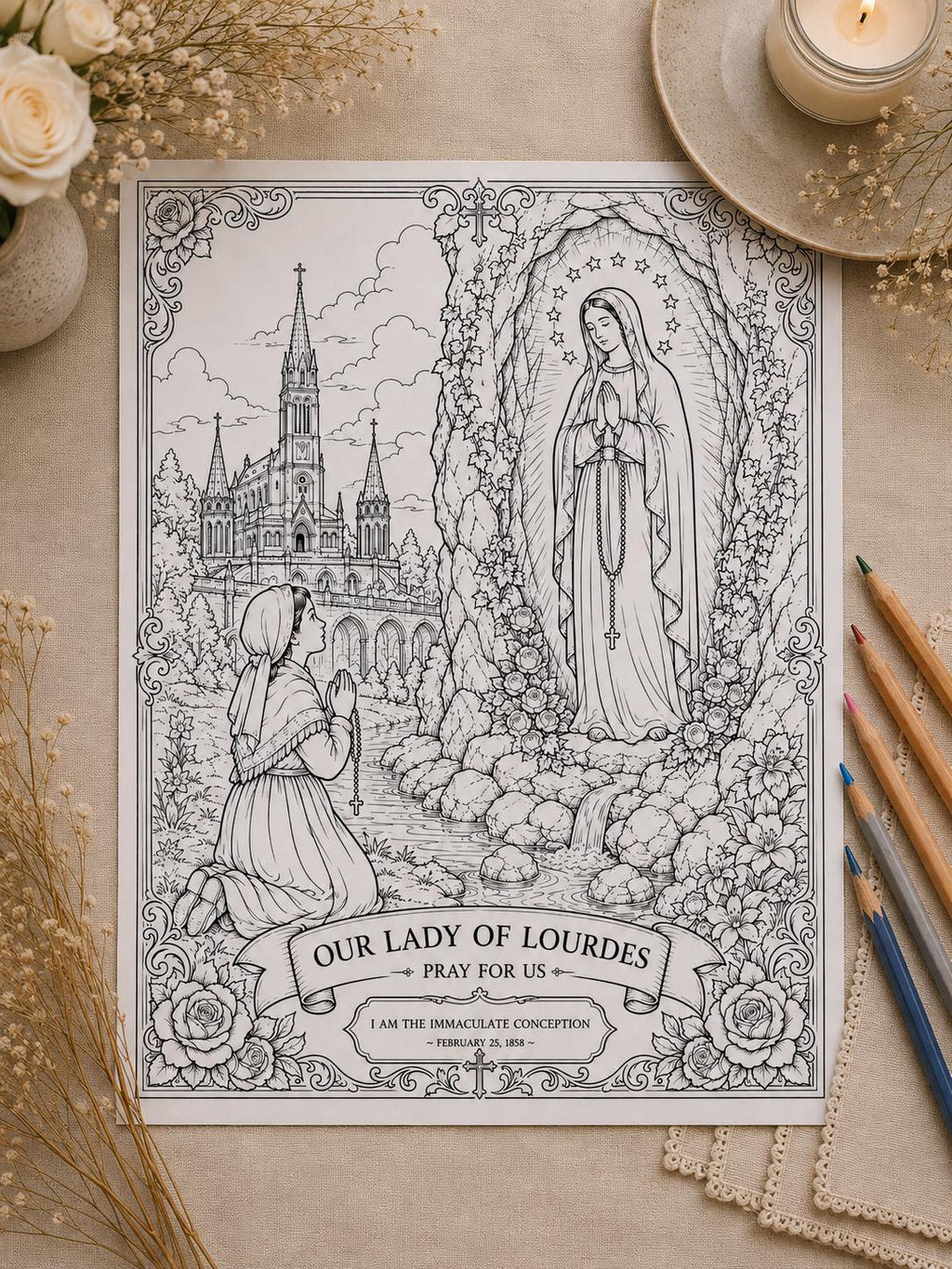 Our Lady of Lourdes coloring page printable detail