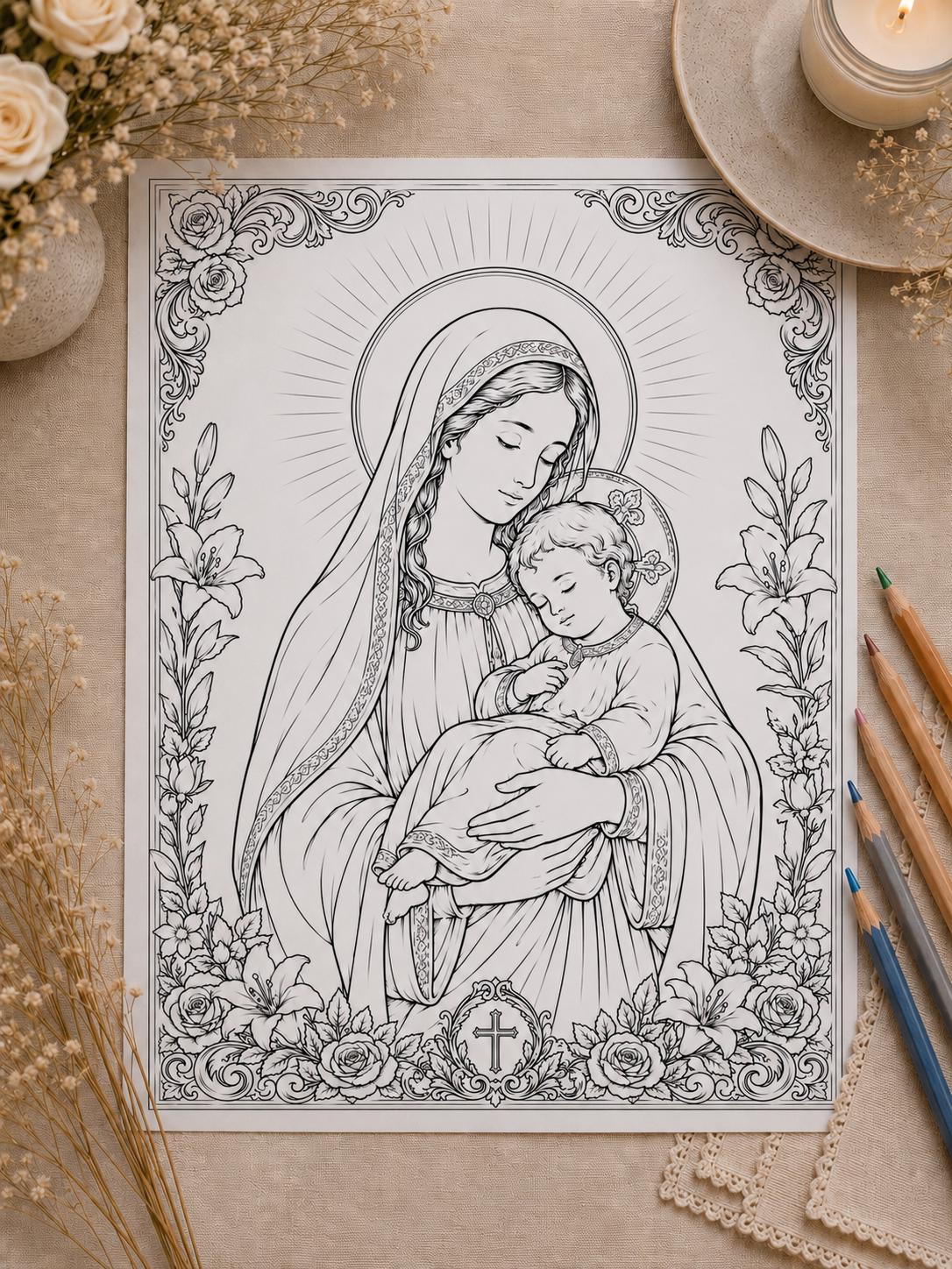 Virgin Mary and Baby Jesus coloring page printable detail