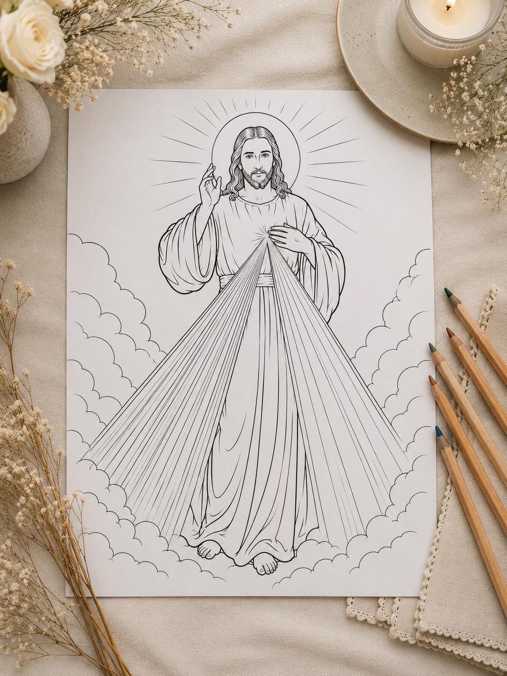 Divine Mercy Jesus coloring page printable detail