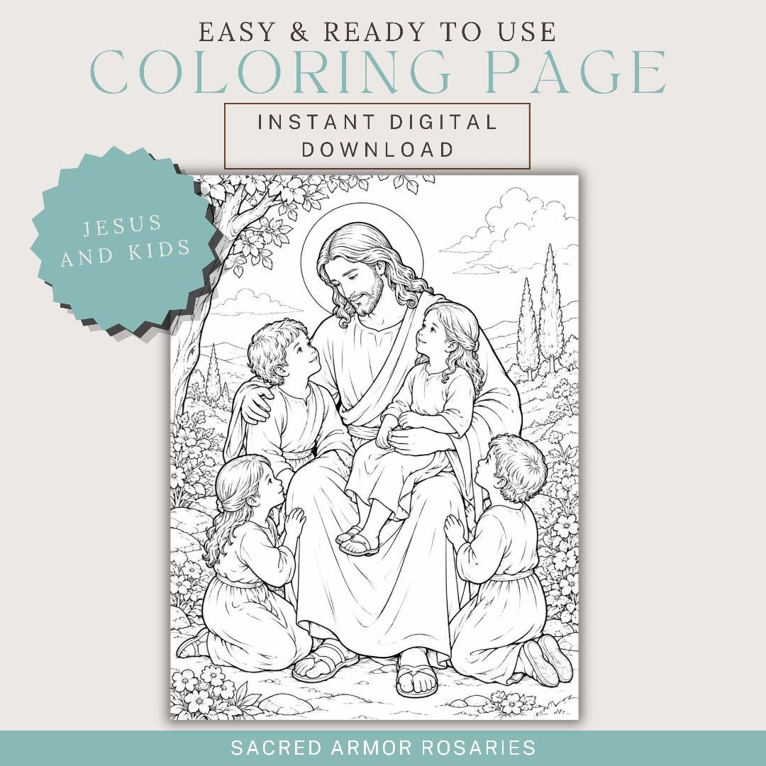 Jesus and the Children Catholic coloring page printable preview