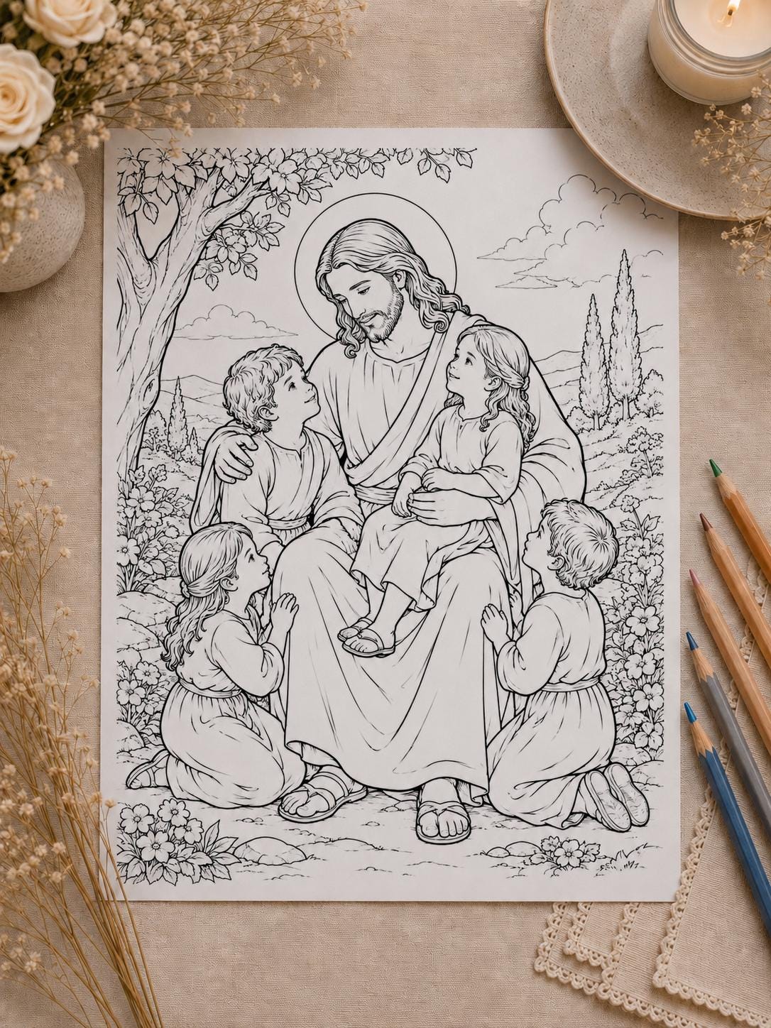 Jesus and the Children coloring page printable detail
