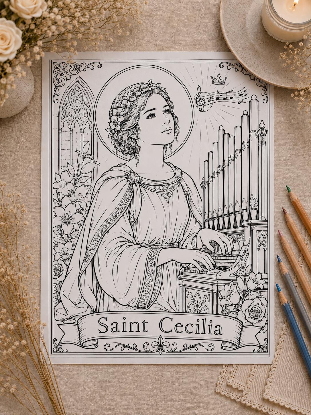 Saint Cecilia coloring page printable detail