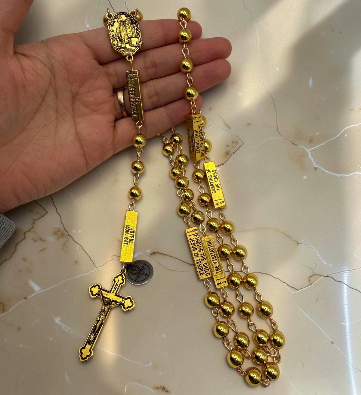 Gold Guided Joyful Mystery Rosary engraved bead detail