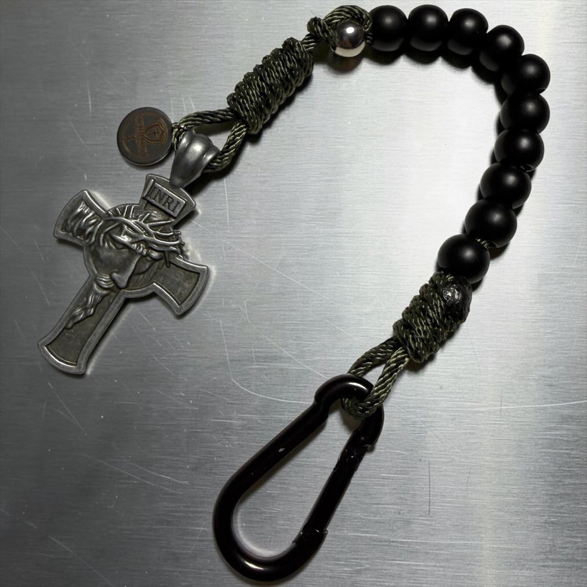 Black tactical paracord decade rosary with carabiner