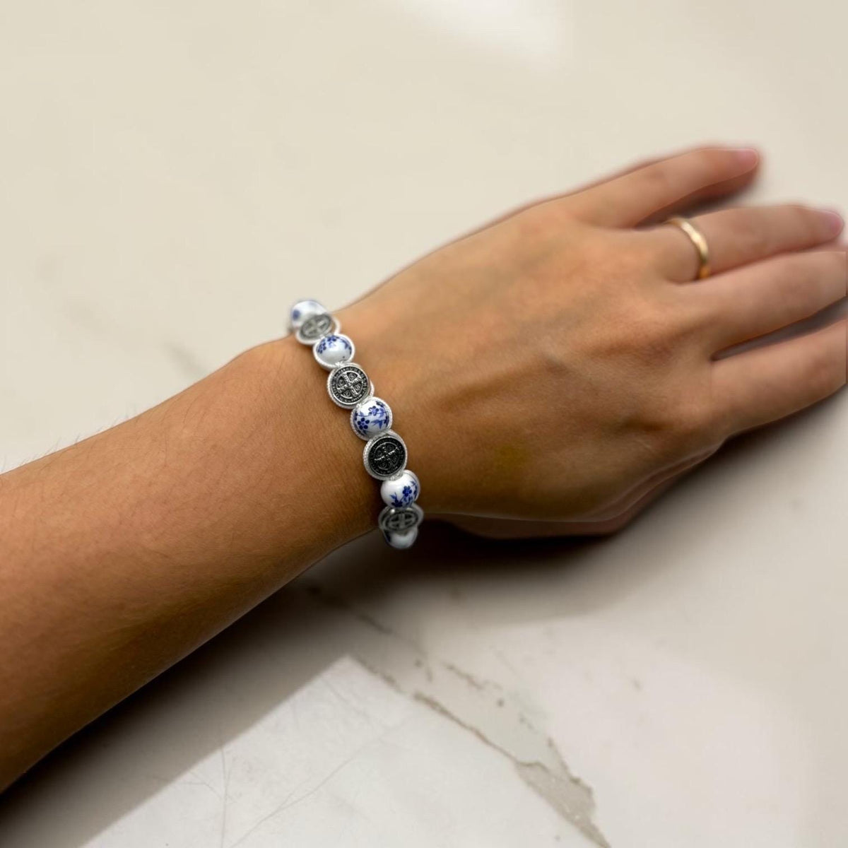 Blue Floral St. Benedict bracelet and devotional keychain
