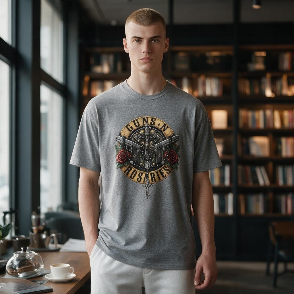 Opus Dei Sacred Armor Rosaries shirt front modeled on man