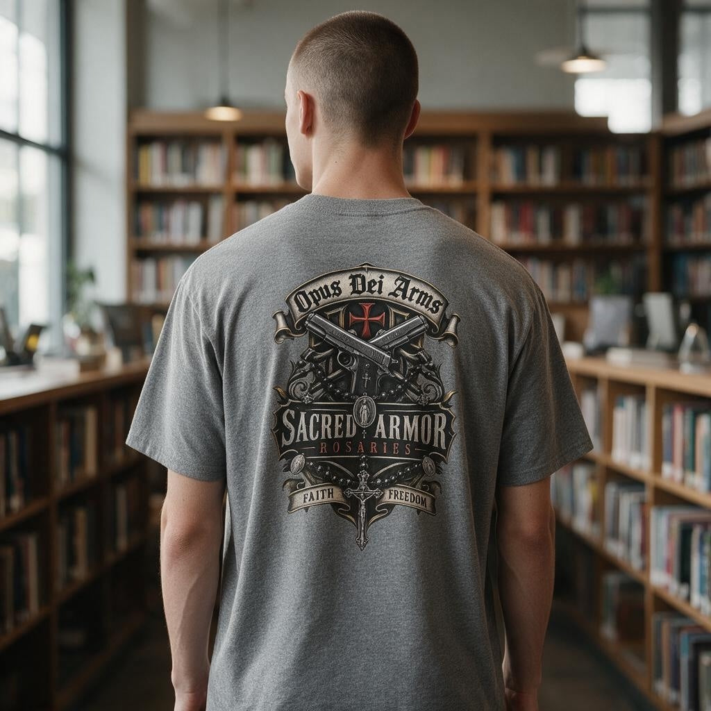 Opus Dei Sacred Armor Rosaries shirt back modeled on man