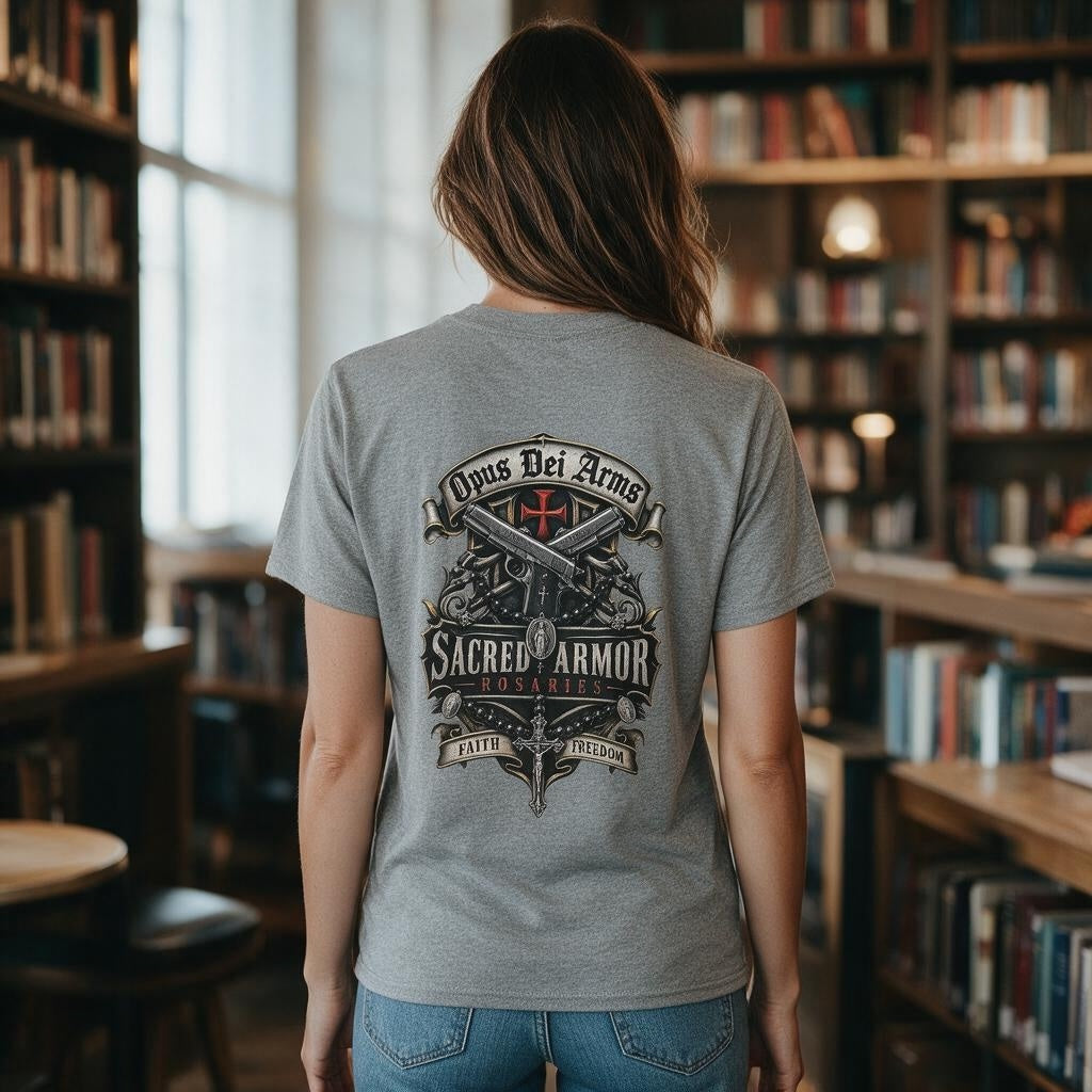 Opus Dei Sacred Armor Rosaries shirt back modeled on woman