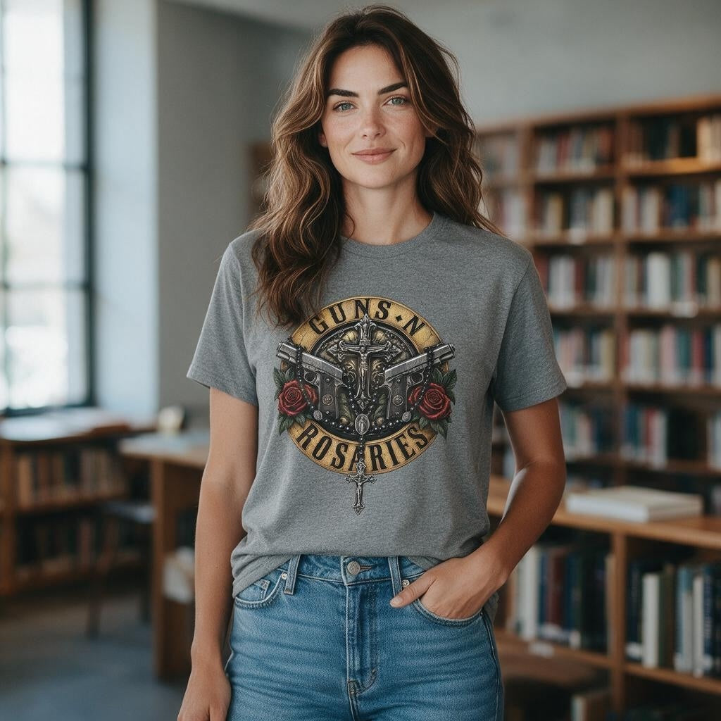 Opus Dei Sacred Armor Rosaries shirt front modeled on woman