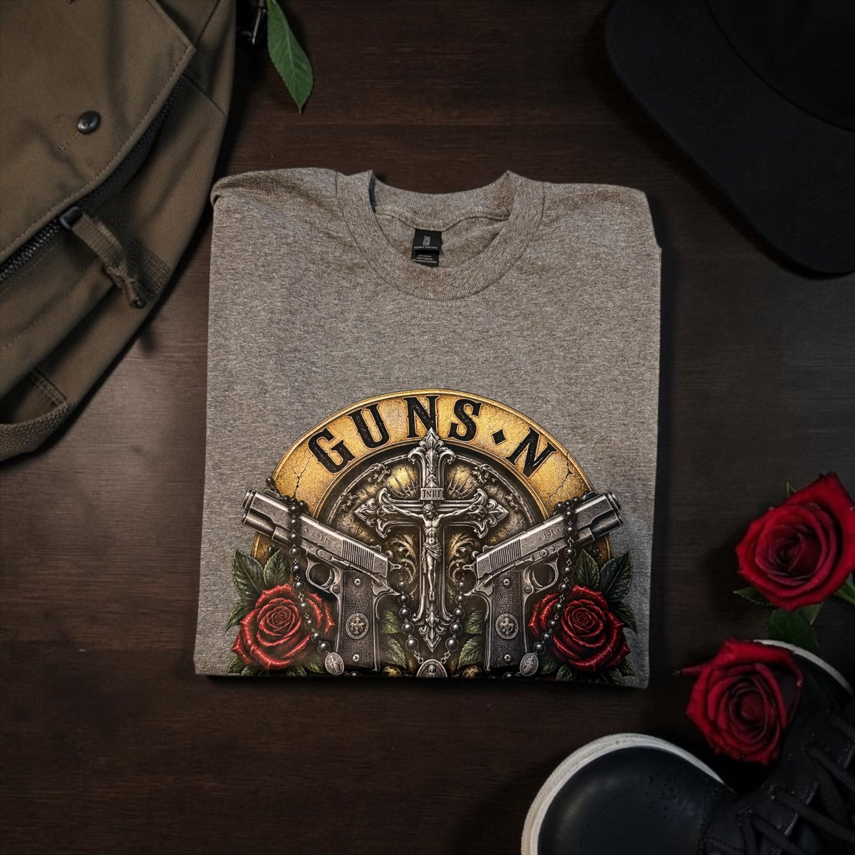Opus Dei Sacred Armor Rosaries folded shirt lifestyle image