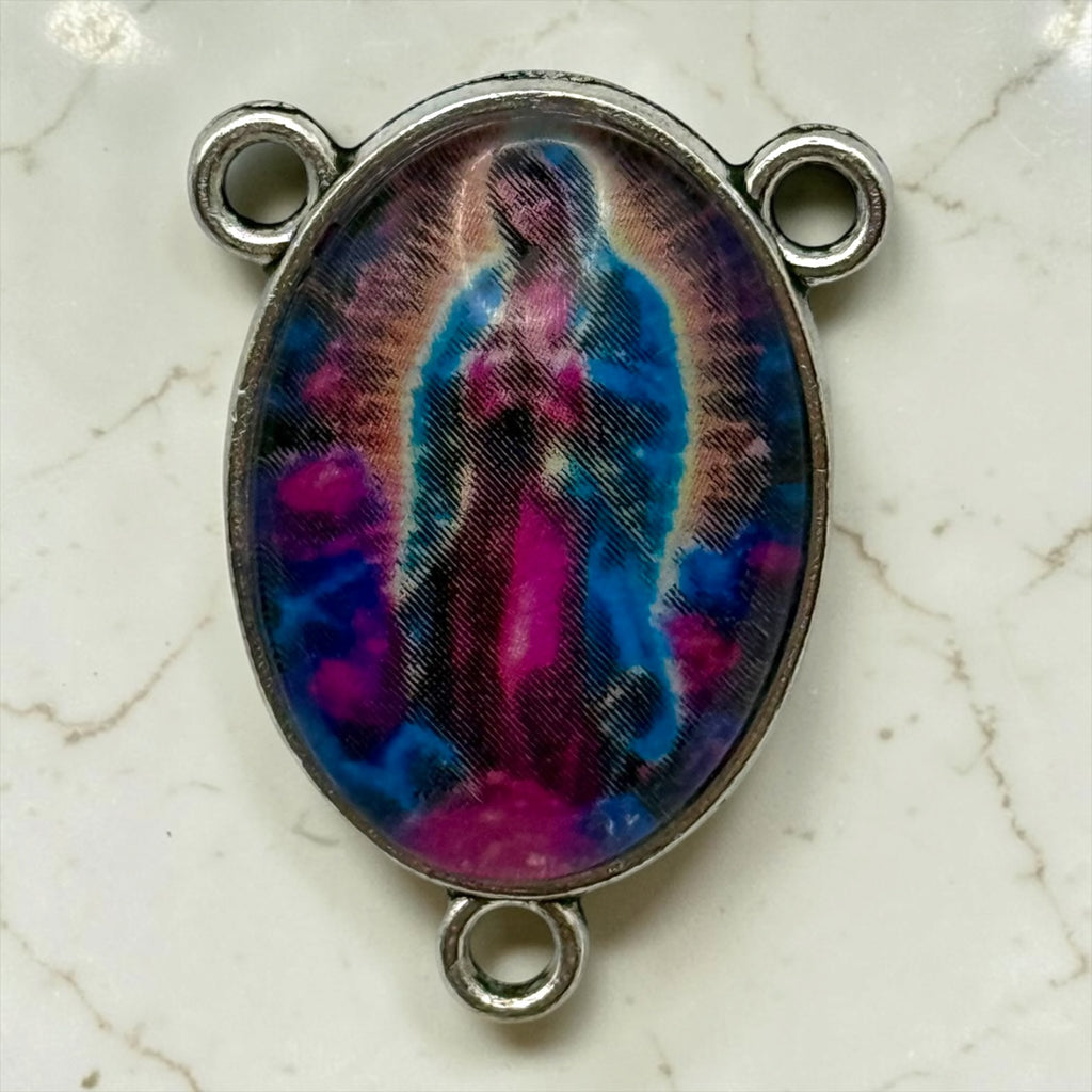 Our Lady of Guadalupe glass cabochon rosary centerpiece front close-up
