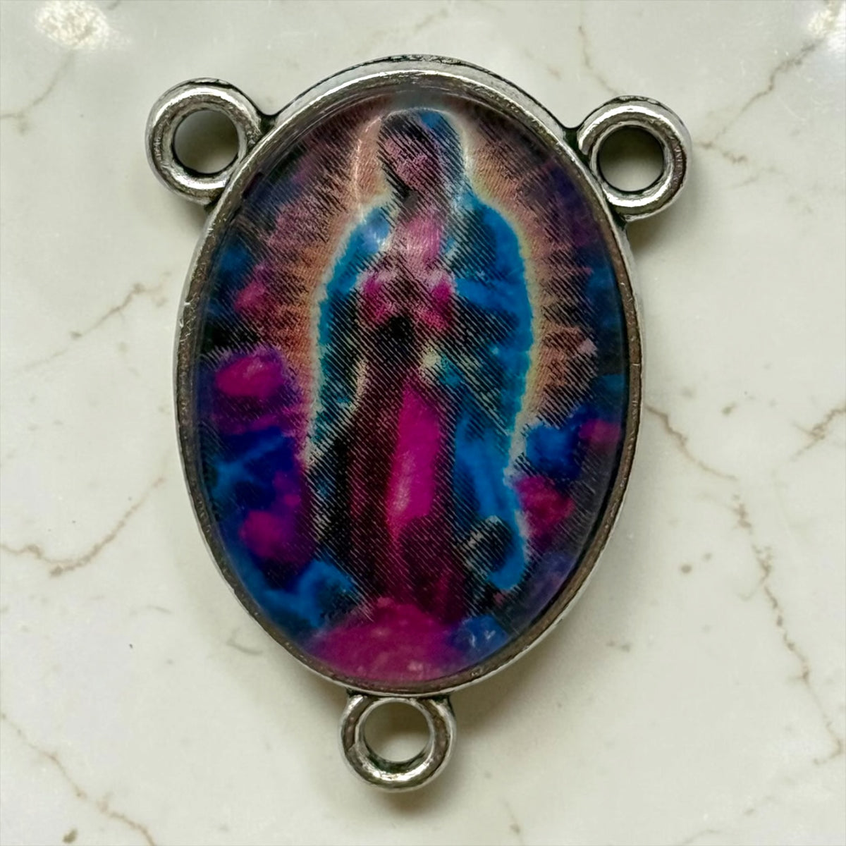 Our Lady of Guadalupe glass cabochon rosary centerpiece front close-up