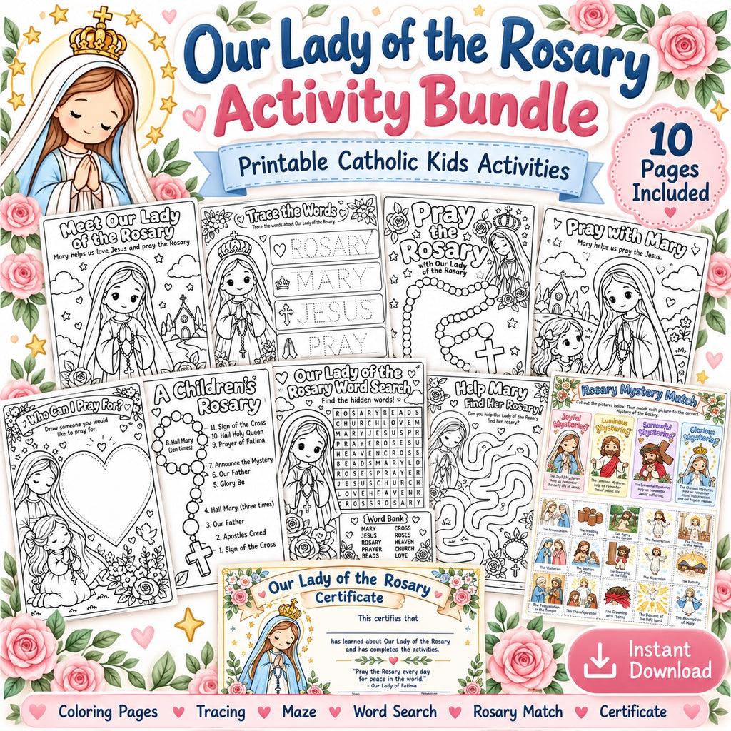Our Lady of the Rosary Activity Bundle - 10 printable Catholic kids activity pages