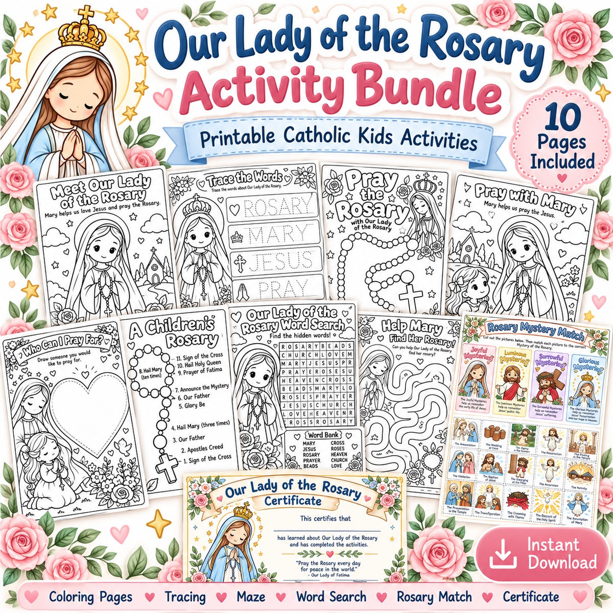Our Lady of the Rosary Activity Bundle - 10 printable Catholic kids activity pages