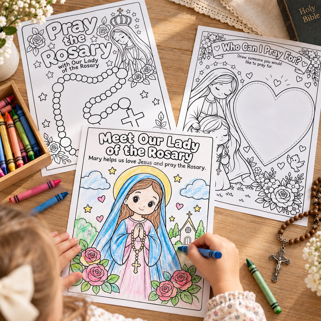 Child coloring Our Lady of the Rosary printable activity pages