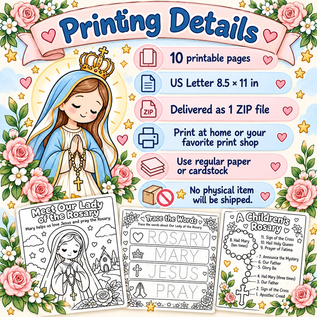 Our Lady of the Rosary activity bundle printing details