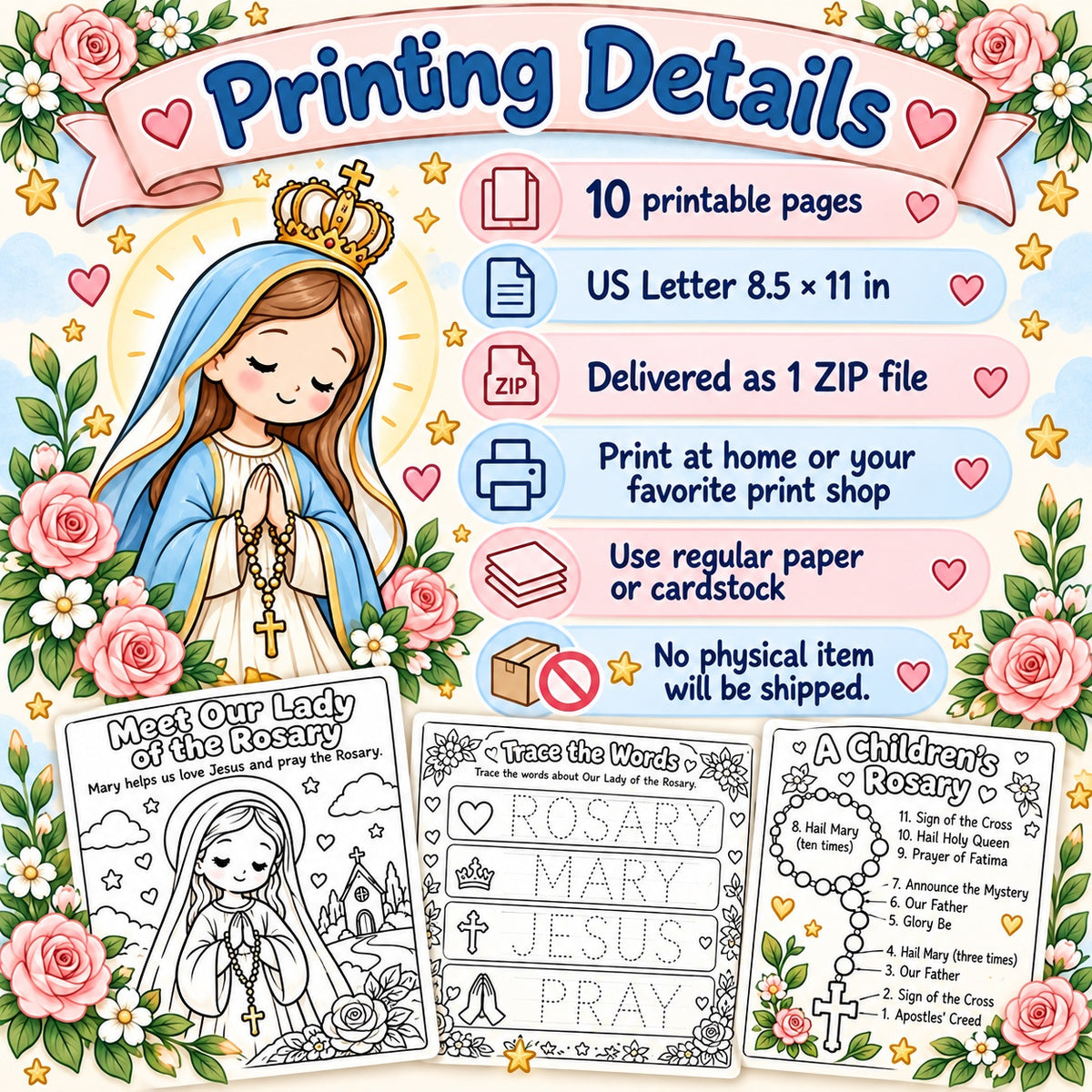 Our Lady of the Rosary activity bundle printing details