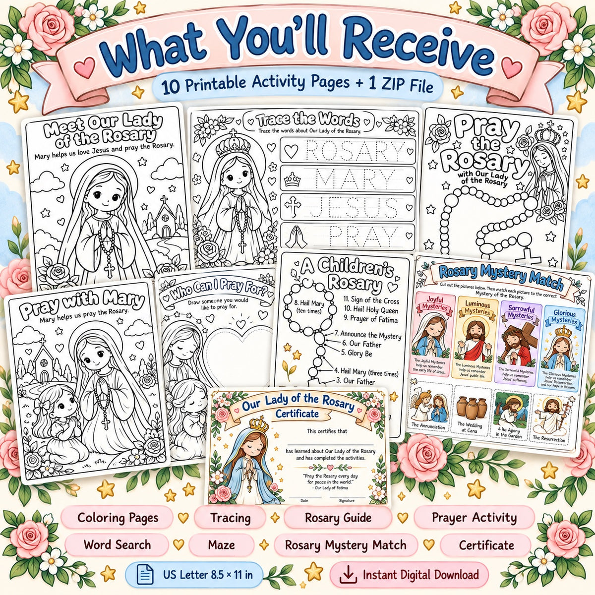 Our Lady of the Rosary activity bundle - what you'll receive