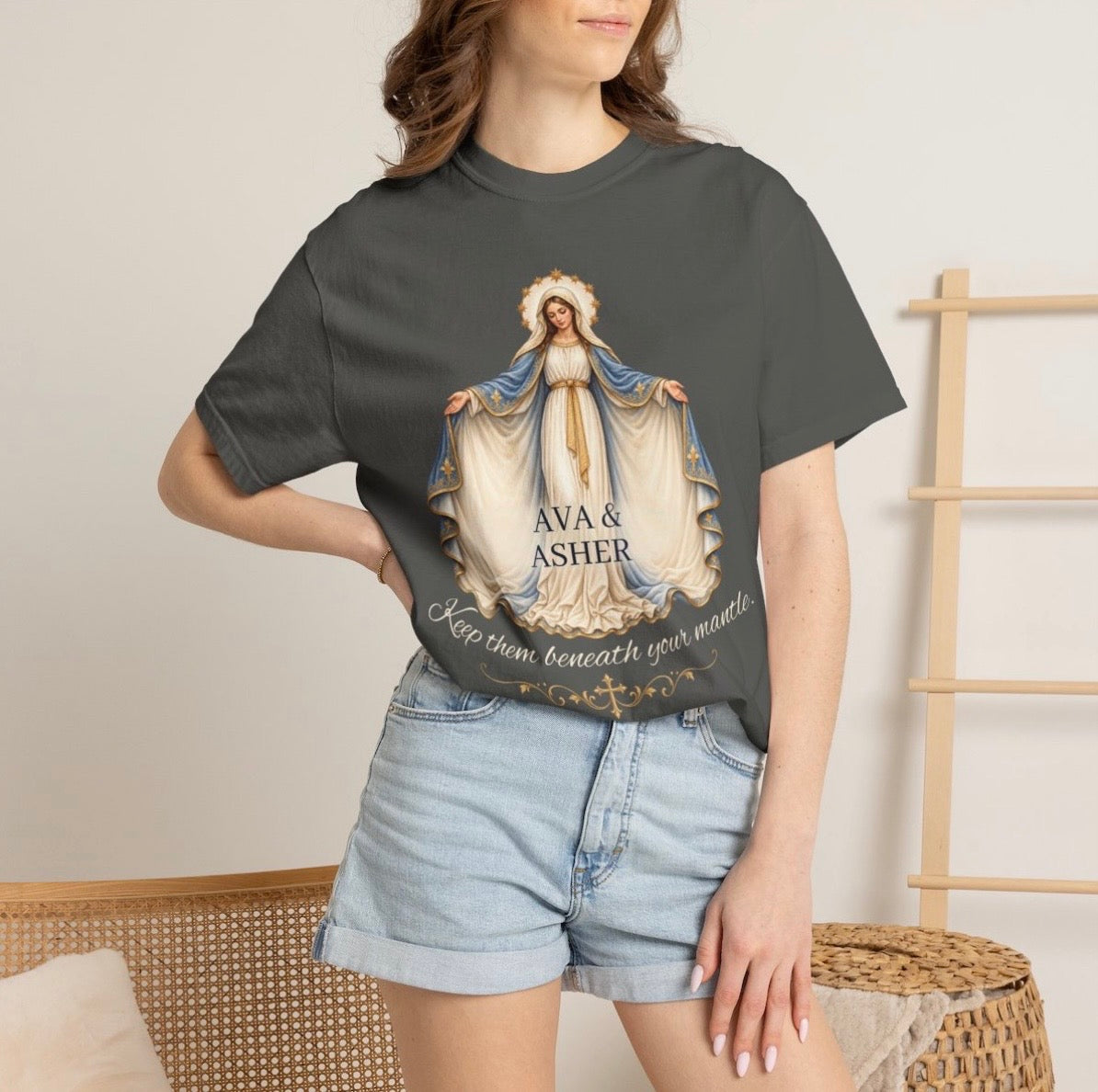 Personalized Marian Mantle Comfort Colors tee mockup in dark charcoal with custom child names