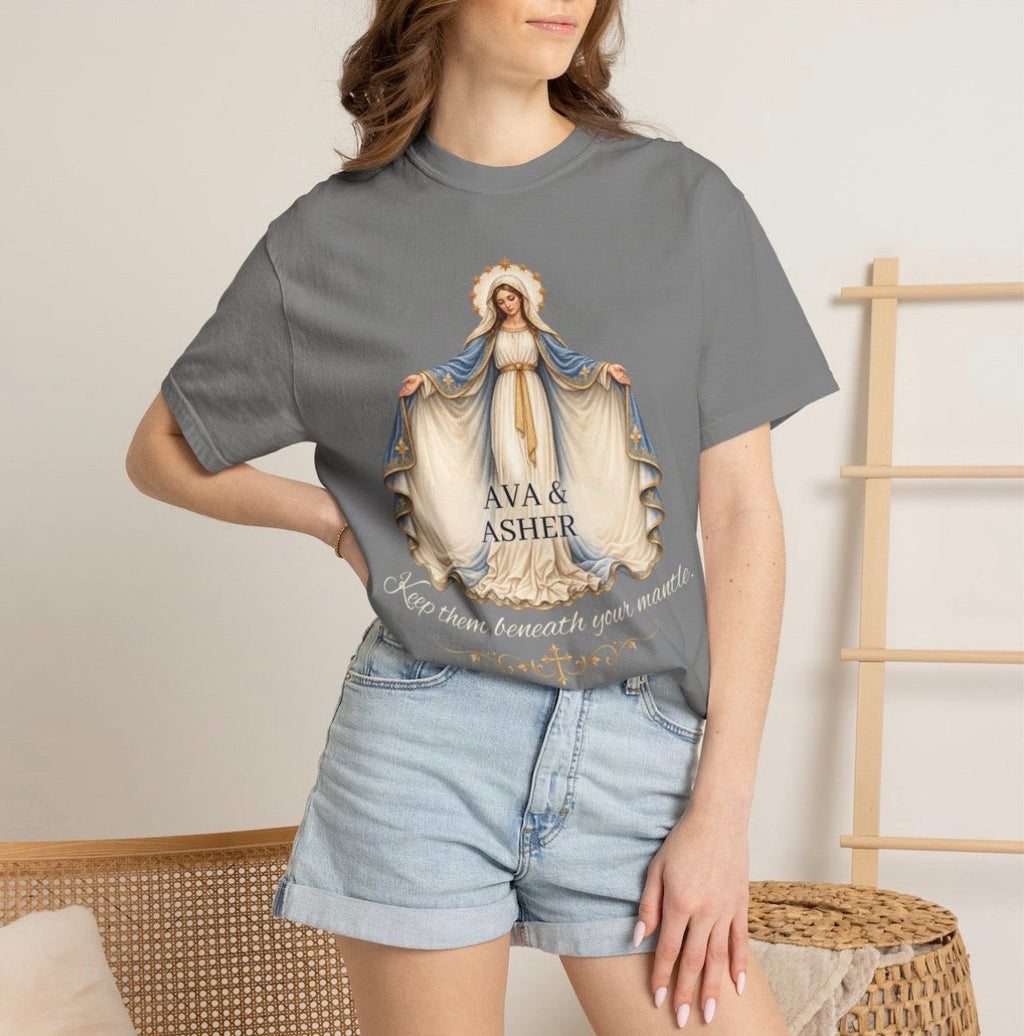 Personalized Marian Mantle Comfort Colors tee mockup in gray with custom child names