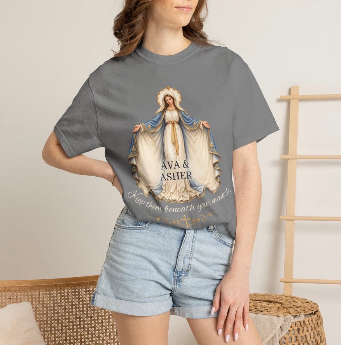 Personalized Marian Mantle Comfort Colors tee mockup in gray with custom child names