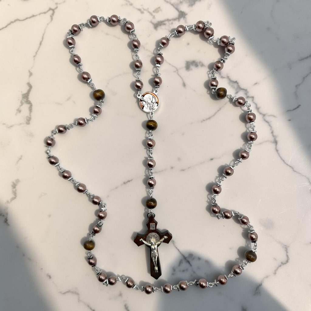 Purple pearl and wood Saint Benedict rosary full view