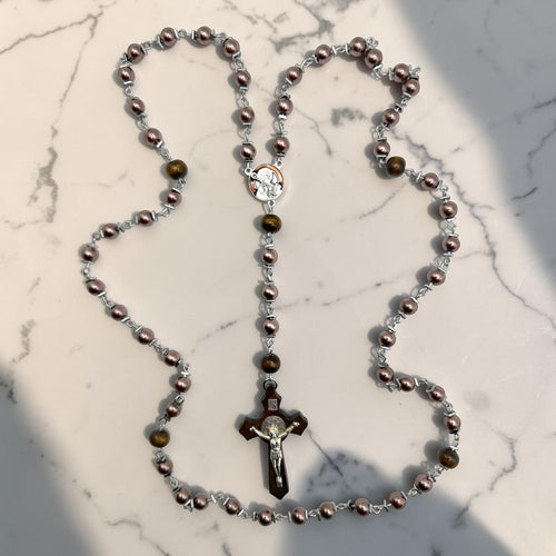 Purple pearl and wood Saint Benedict rosary full view