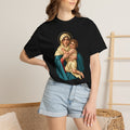 Sacred Armor Rosaries black Comfort Colors t-shirt featuring a vibrant Our Lady of Schoenstatt print on a woman